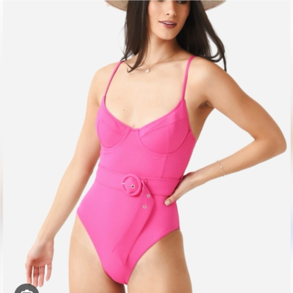 Jonathan Simkhai Noa Solid Belted Underwire One-piece Swimsuit In BERRY NWT